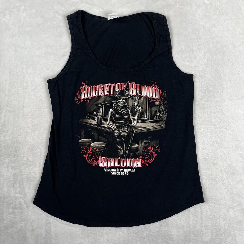 Bucket Of Blood Saloon Tank Top Womens Large Black Skeleton Biker Bar